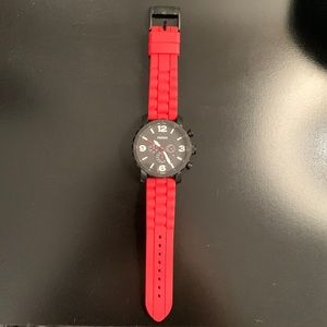 Men’s Fossil Black Stainless Steel Watch with Red Silicone Band